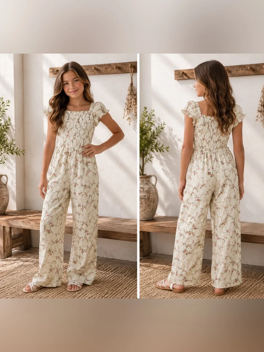 Gymboree Cream Floral Smocked Jumpsuit